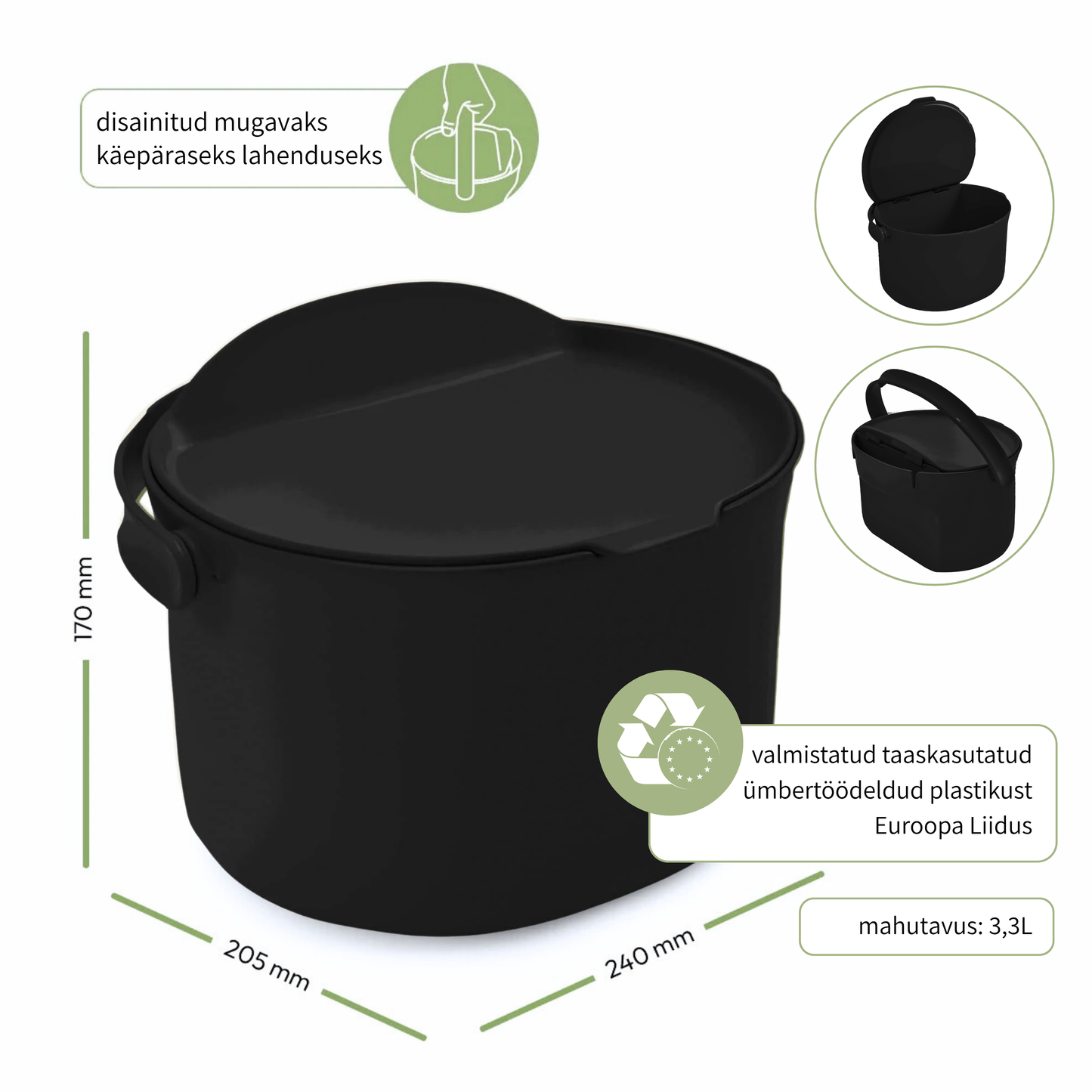 Biojäätmete prügikast Organko Daily must 3,3 L